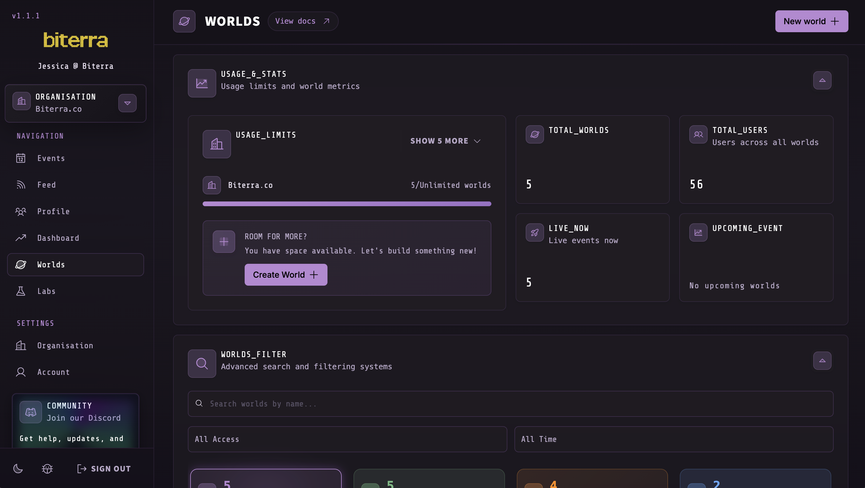 Biterra organiser dashboard showing world activity, scores, and event controls