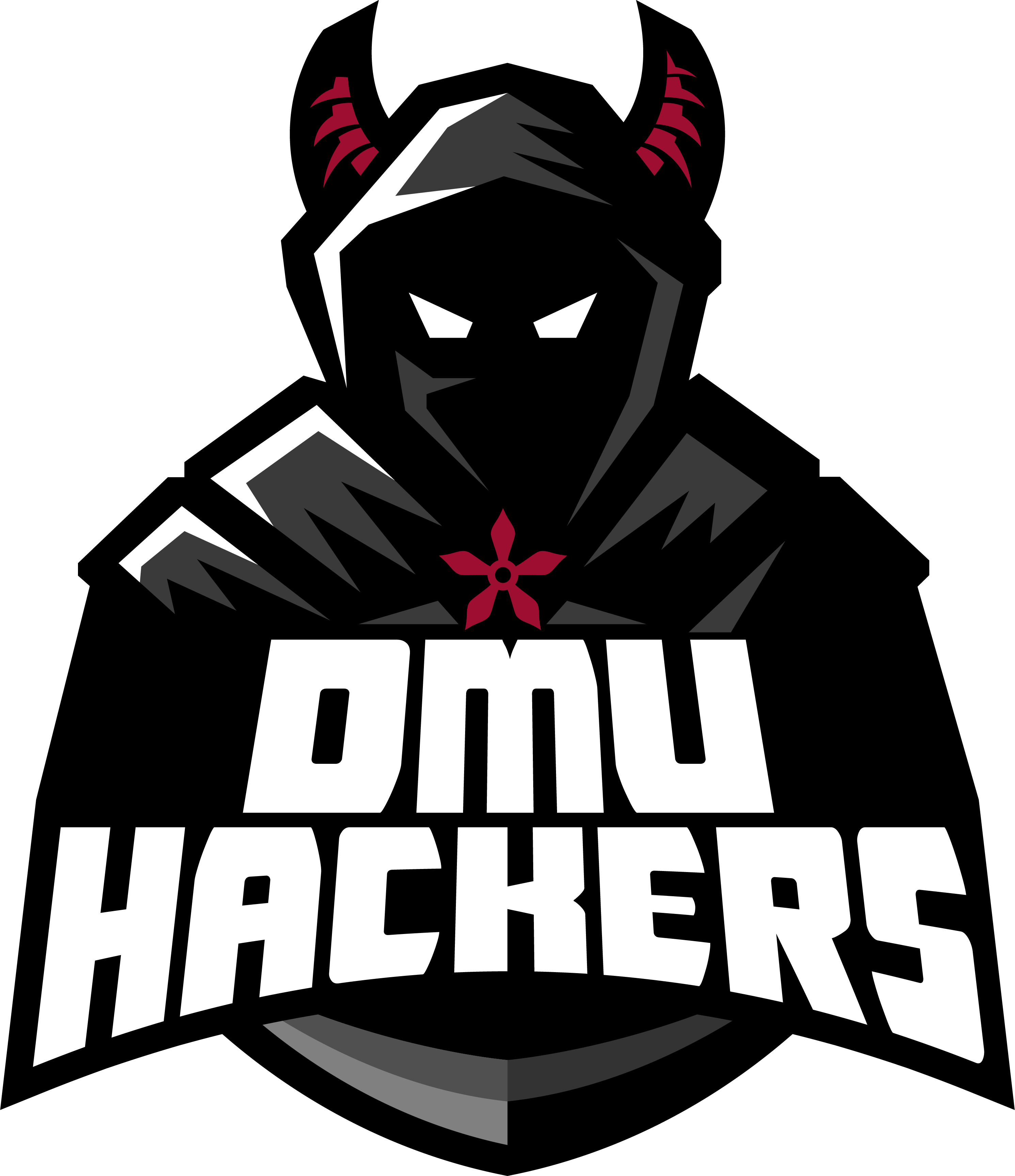 DMU Hackers logo featuring a hooded figure with red horns and white text